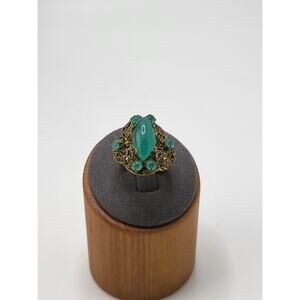 Antique Czech Czechoslovakia Turquoise Glass Filigree Ring 1920's Adjustable